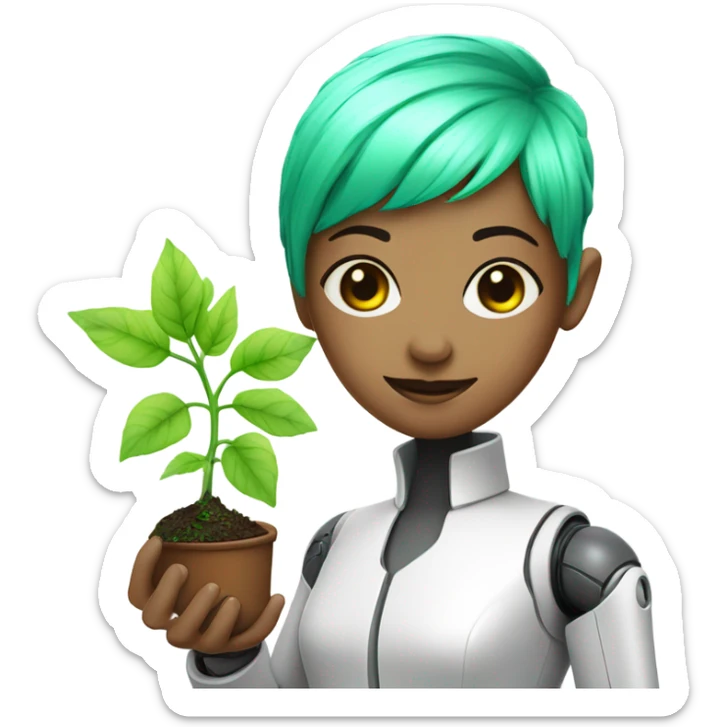 cybernetic scientist wearing a lab coat and holding a small plant, woman with neon green pixie cut with undercut, robot body parts sticker