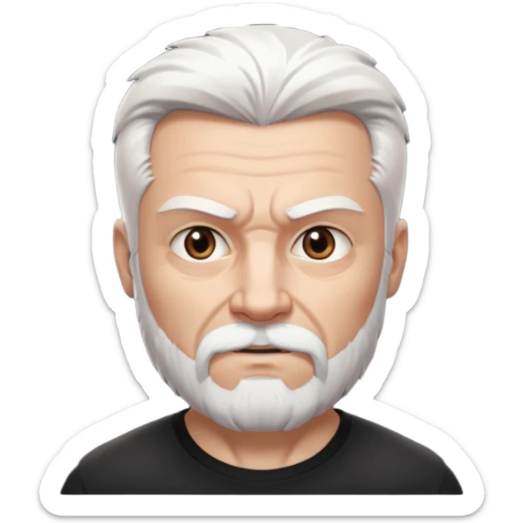 White haired muscled adult man with a black t-shirt. He has white beard and a long goatee. Dark brown eyes and some wrinkles. Attractive, Wolverine vibes. Not too old. sticker