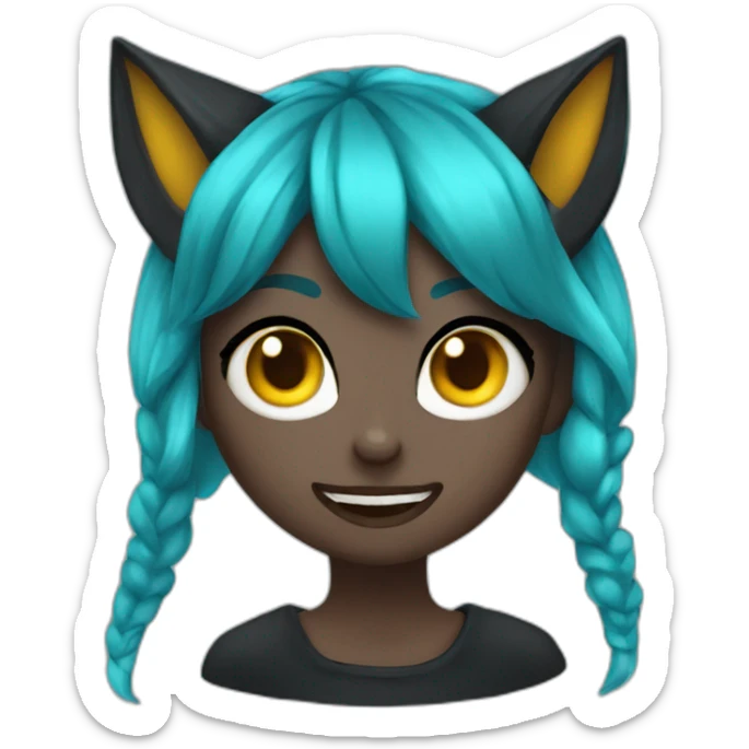 A girl with a funny face, blue cyan hair, black wolf ear, black demon little horns, yellow cat eyes sticker