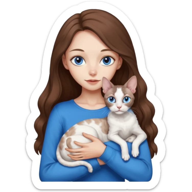 beautiful skinny girl with long brown hair and blue eyes in dark long sleeve is holding a devon rex white cat with blue eyes. the colors of cat’s and girl’s eyes are the same.  sticker
