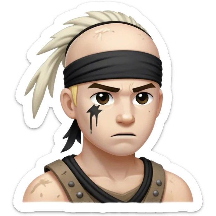 A battle-worn warrior with a black headband, sweat and dirt streaked across his pale skin sticker