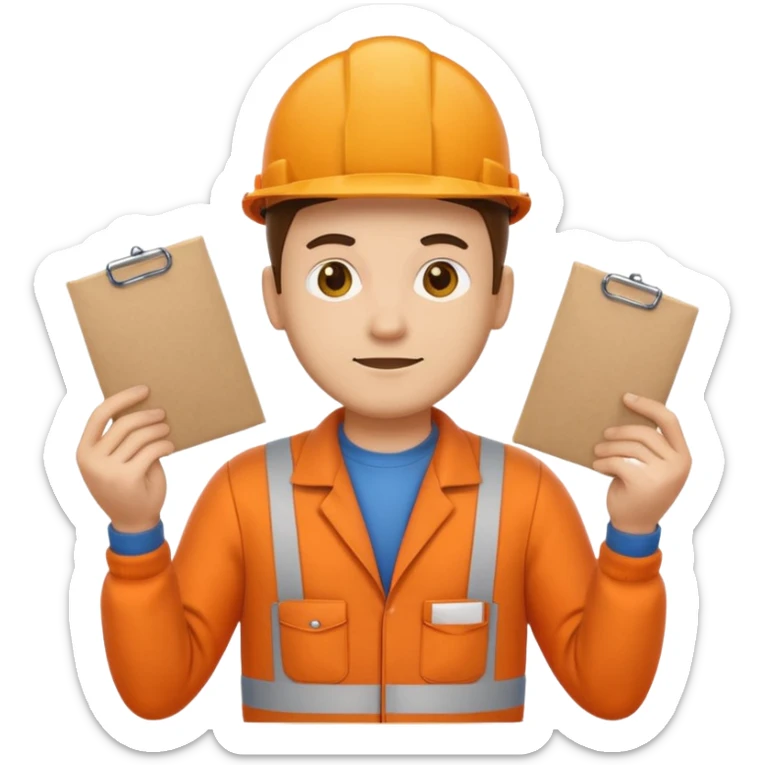 emoji style railway engineer full body in orange overalls, carrying one piece of paper with both hands in front of him sticker
