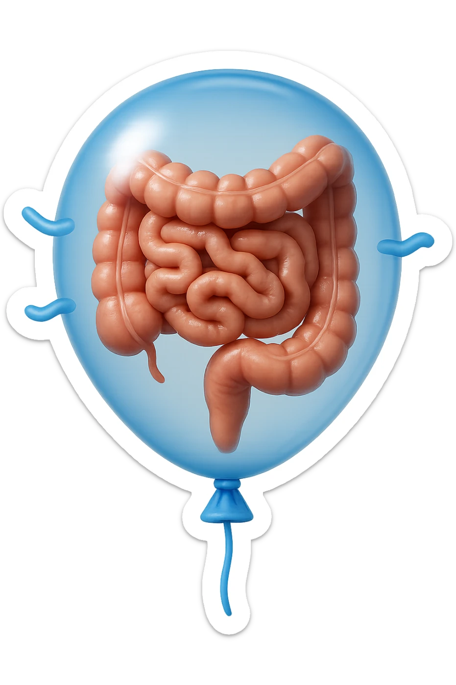 EMOJI STILE IPHONE 3D DI UN INTESTINO CHIUSO IN UN PALLONCINO CHE SIMBOLEGGIA GONFIORE, IPERREALISTICA 4K sticker
