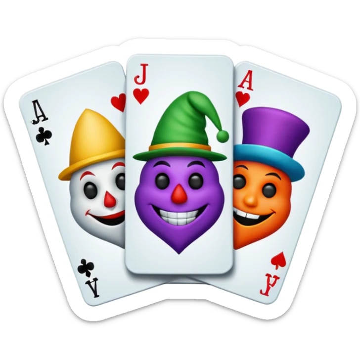 bunch of 3 poker cards, with crazy colorful human jolly jokers inside, inversed face sticker
