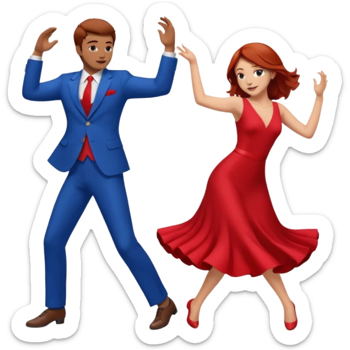 Two people dancing one wearing red and one wearing blue. Brown hair and red hair sticker