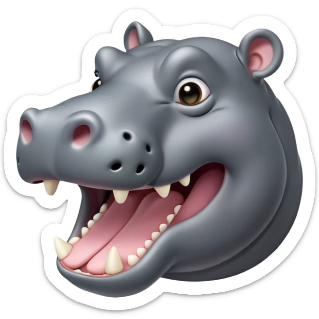 cinematic-noble-yawning hippo-portrait-emoji,-poised-and-regal,-with-a-massive,-robust-build-and-a-smooth,-sleek-slate-gray-hide,-deep-set-soulful-eyes,-simplified-yet-sharp-and-sophisticated-features,-highly-detailed,-glowing-with-a-soft radiance, mouth open wide exposing teeth sticker