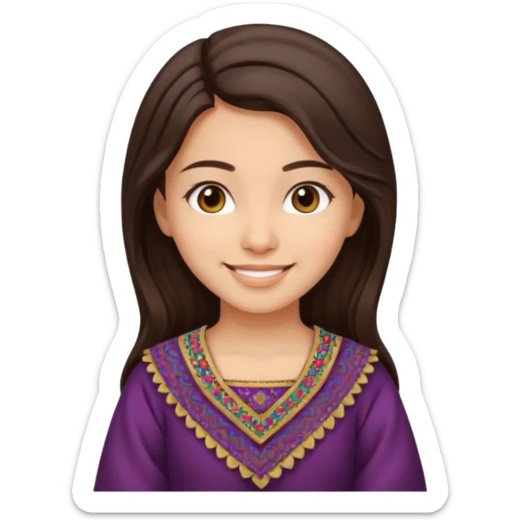 girl with dark brown hair, Afghan dress, minimal details, happy emoji sticker