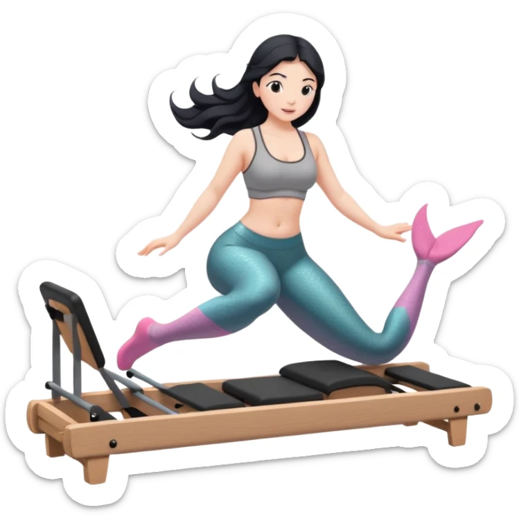 Create a Pilates emoji: a girl with fair skin and black hair, wearing a grey bra and grey leggings with pink pilates socks, doing  mermaid on a wooden reformer. Make it look at the reformer. Make the colors neutrals. sticker