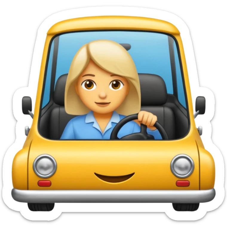 Crea un emoji con fondo transparente en PNG de una persona manejando un vehículo, que se vea desde el parabrisas frontal. sticker
