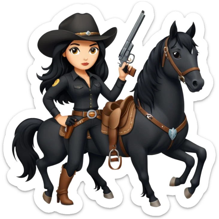 confident hot tanned woman with long black hair cowgirl style wearing black outfit with gun and horse sticker