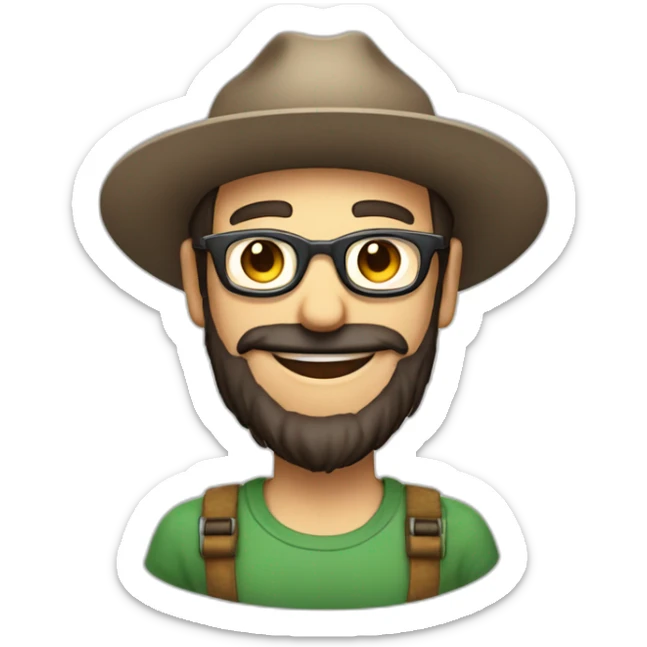happy smile gardener face long dark beard and very short dark hair round glasses brown eyes and a hat sticker