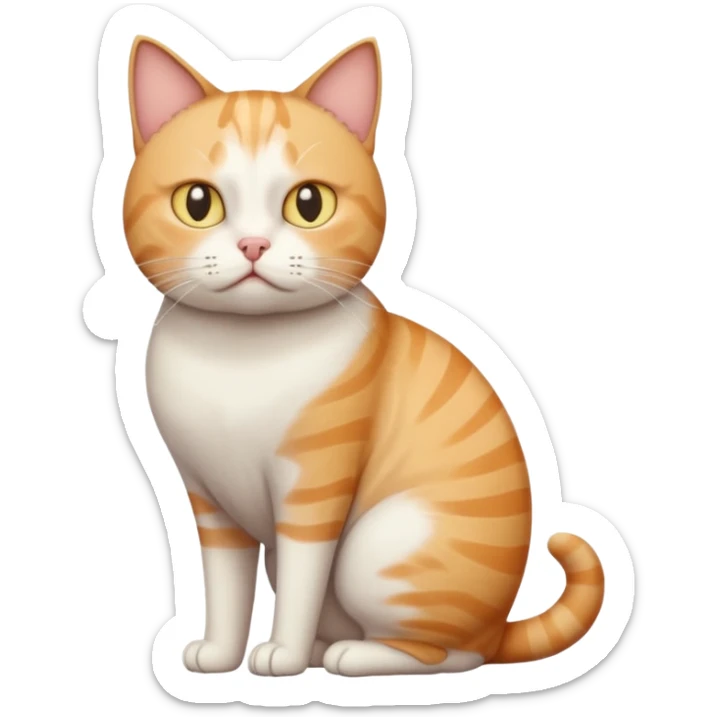 full body white, ginger and tabby cat with skinny head and fat body with an anxious face sticker