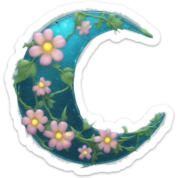 A translucent crescent moon made of cracked glass, with vines of bioluminescent flowers wrapping around it.

 sticker