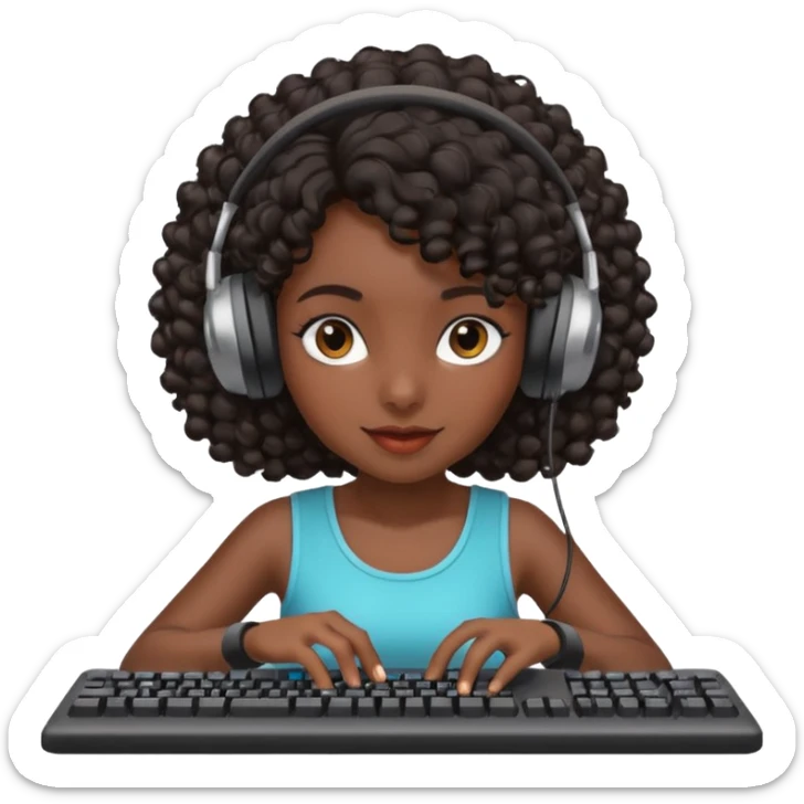 Dark Spanish girl with dark curly hair, wearing a gaming headset and playing with keyboard and mouse   sticker