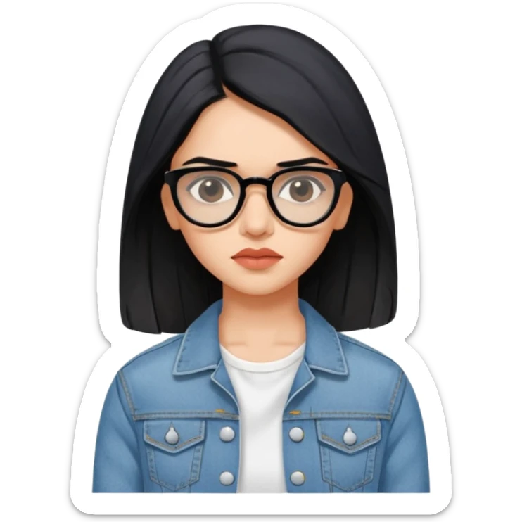 generate a pretty bratz emoji 
Make her wear a white dress with a denim jacket over it. black hair side part 

She should look exactly  like Deepika padukone. wearing tiny rectangular spectacle, looking sad sticker