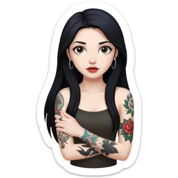 realistic beautiful Pale girl with long black hair arm tattoos sticker