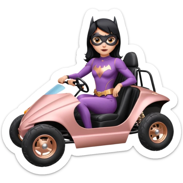 Hot full size real-appearance retro electric racing action BatGirl’s feminine midnight-colored tight outfit sixty’s tv show 1992 stealthy retro sporty safe plush petite off-road pursuit cruiser car rose gold accents (black hair,reclined and relaxed torso seating position) go kart  sticker