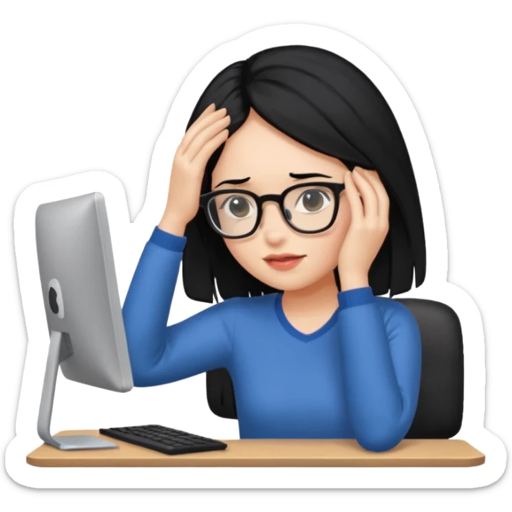 A girl is in front of a computer and is holding her head.The one with black hair sticker