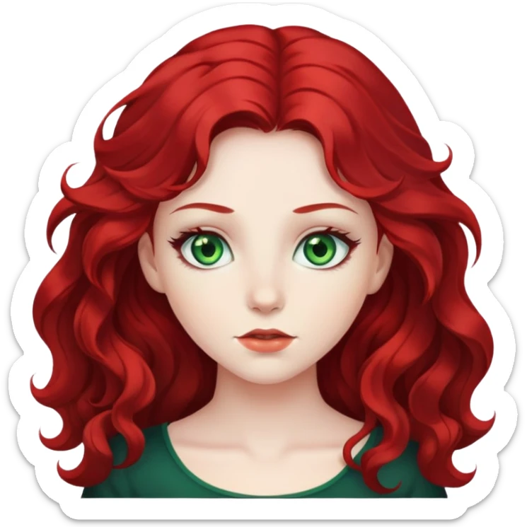 girl with green eyes, white skin, wavy black hair, red hair behind her sticker