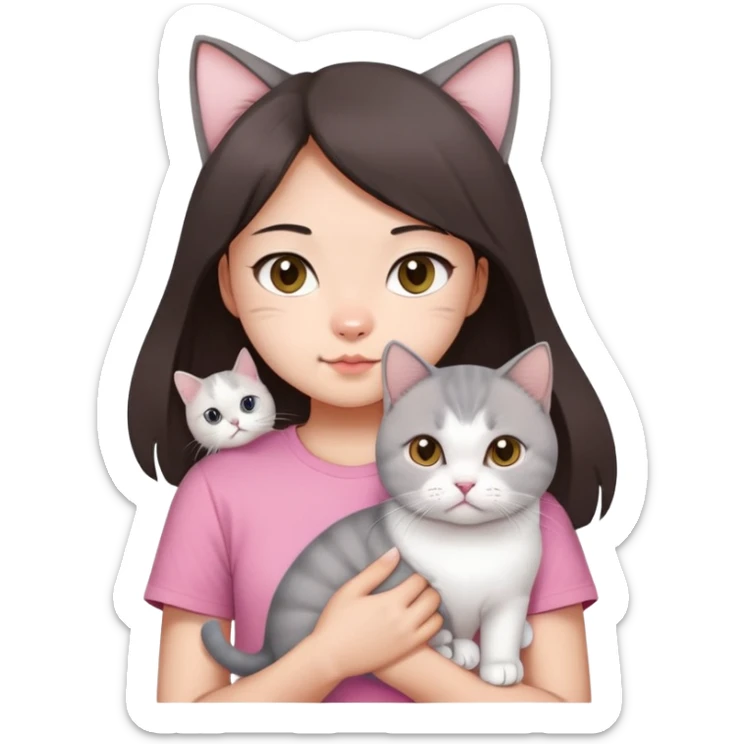 Chinese girl with dark brown half long hair wearing pink t shirt holding a British shorthair white cat，and this cat has a slight fold in its ears sticker