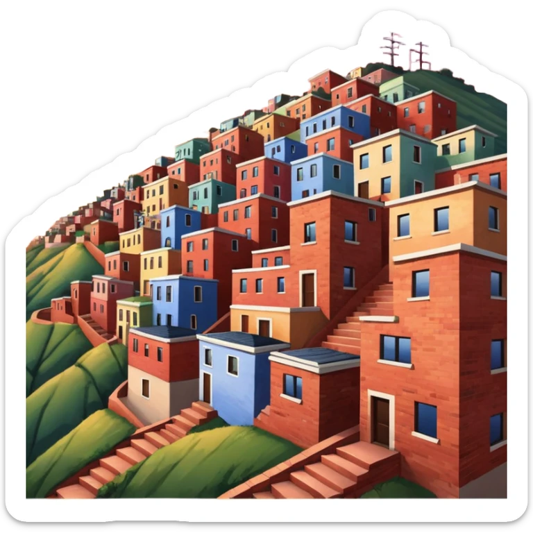 Urban Peruvian hillside neighborhood, brick houses stacked on steep hills, unfinished red brick buildings, colorful painted facades, narrow stairways, electric cables crossing the sky, sunset lighting, realistic style, cinematic, high detail in the desert sticker