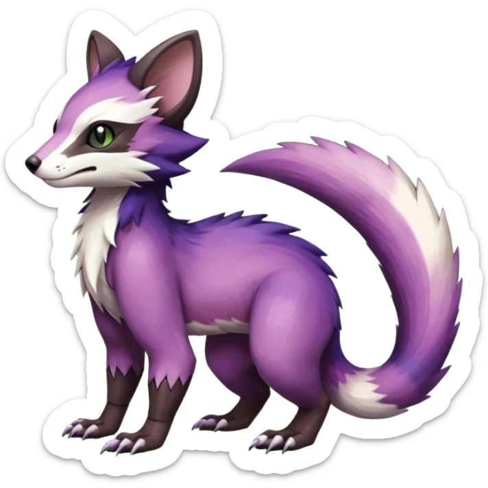 Black-purple-green-gradients Trico-Sergal-Furret-Ferret-Wolverine-Vernid-fusion-Fakemon-animal-hybrid-creature, full body sticker