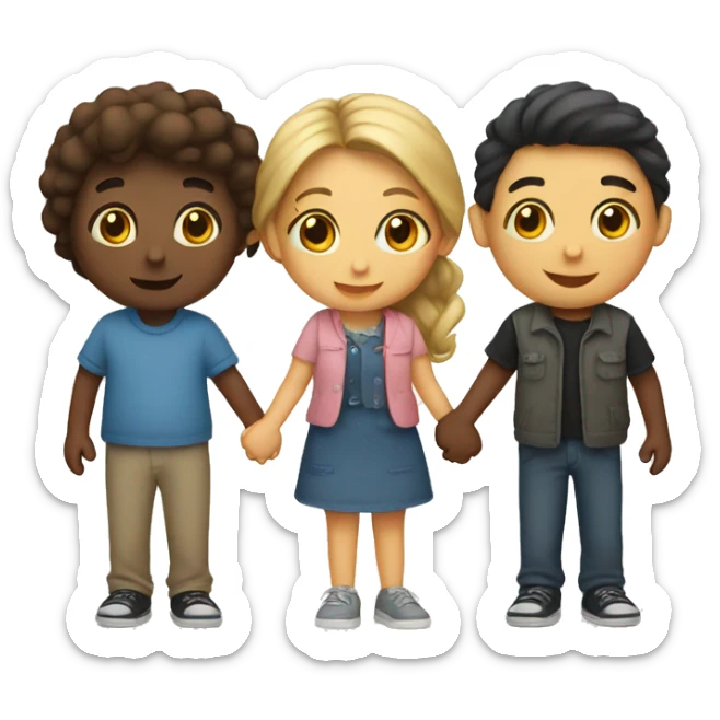 3 friends in a row holding hands. A boy, then a girl, then a boy sticker
