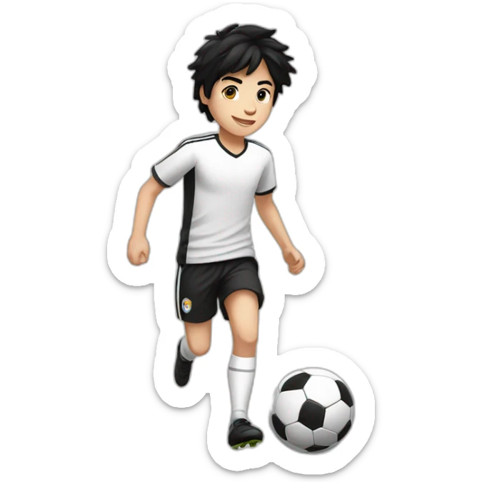 Male teenager with black hair, fair white skin, white tshirt, black shorts, playing soccer with ball sticker