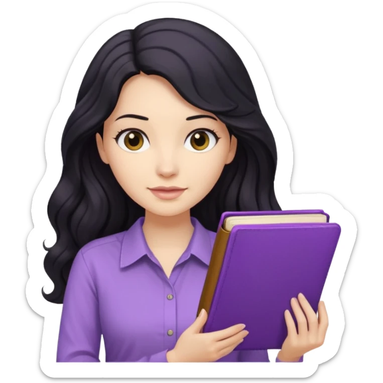 Long Hair Women with purple Book, Black wavy hair, beige shir, without background sticker