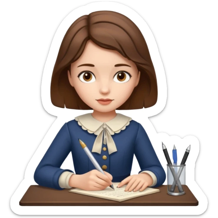 a girl is Writing in a Paper in a vintage outfit with old type pen  sticker