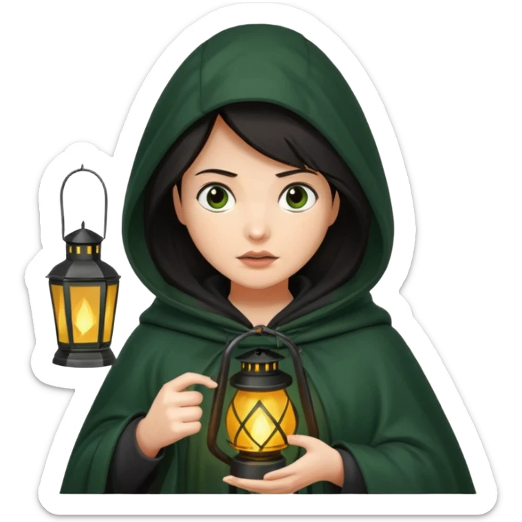 traitor tv show, dark haired woman wearing dark green cloak with hood up who looks very evil, is holding up a lantern, and looking down sticker