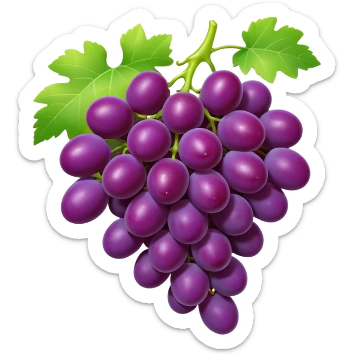 3D iPhone style emoji of a bunch of grapes, plump and shiny, purple color, attached to a small green stem, isolated on white background, soft shadows, high detail, playful and cute. sticker