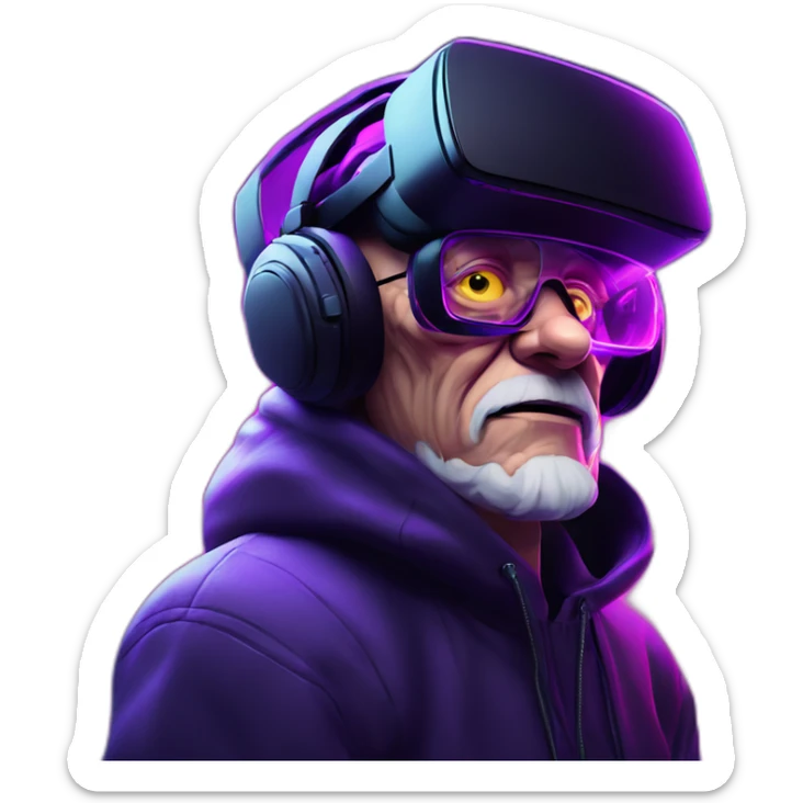 Russian old man wearing a black hoodie with "OMG" letters on it and VR headset in a cyberpunk VR environment with violet neon lighting. sticker