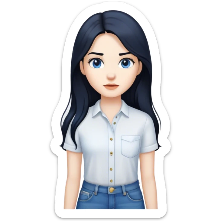 pale female with long black hair, wearing white shirt and blue jeans sticker
