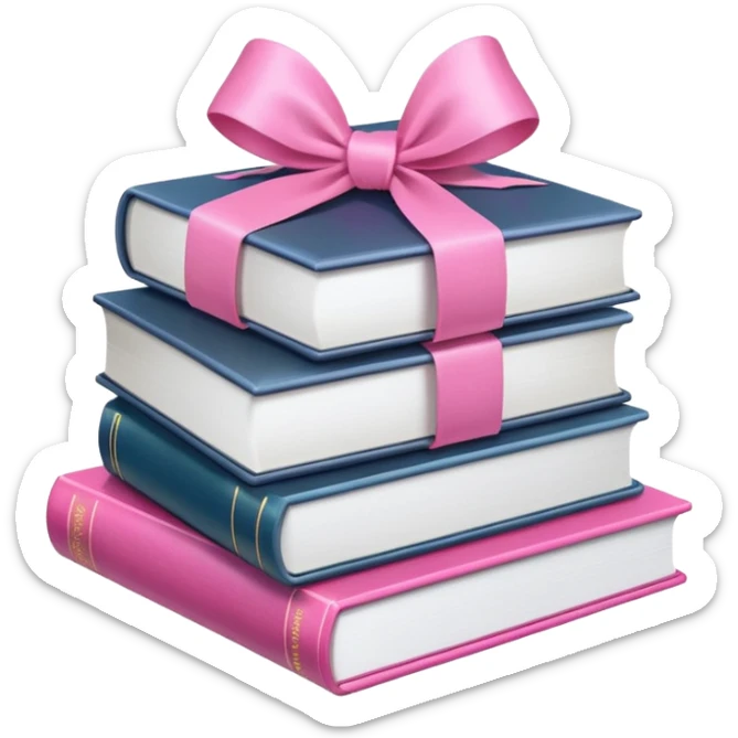 emoji of a pile of books wrapped with a pink ribbon, iOS style, pink colors sticker