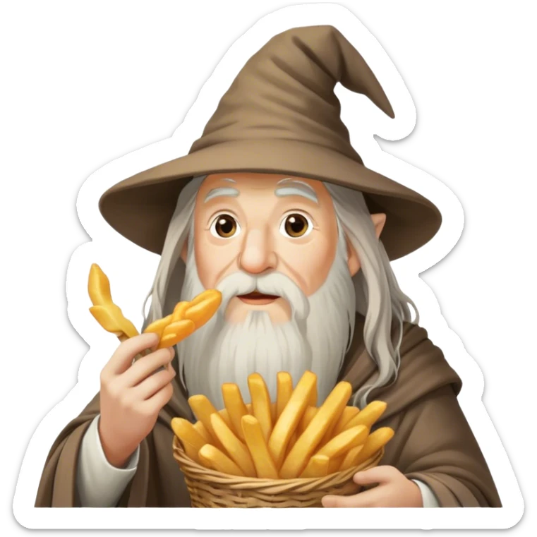 gandalf eating fries, holding a small basket of golden, crispy fries in one hand and a fry in the other. his iconic long white beard and wizard hat are present, with a playful expression as he enjoys the snack. the background is a cozy tavern with warm lighting and a whimsical atmosphere sticker