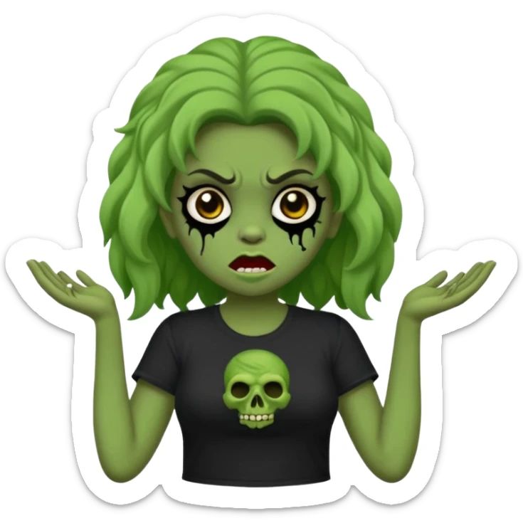 crie um emoji de uma garota zoombie verde assustadora e fofa com cabelo ondulado 2b e camiseta básica preta sticker