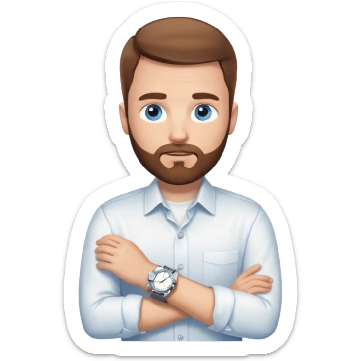 White man with brown hair blue eyes fade haircut with beard. Wearing white button down and silver watch on wrist sticker
