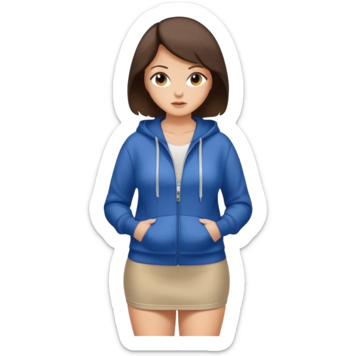 Pretty, sexy, slightly curvy white woman with short dark brown hair, wearing only a tight, open, front zippered hoodie and a miniskirt  sticker