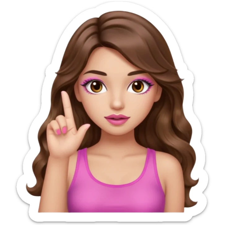 girl with long wavy brown hair, brown eyes, light to medium complexion, in a pink sexy top, pink lips, long lashes, silent motion with the hand one finger up sticker