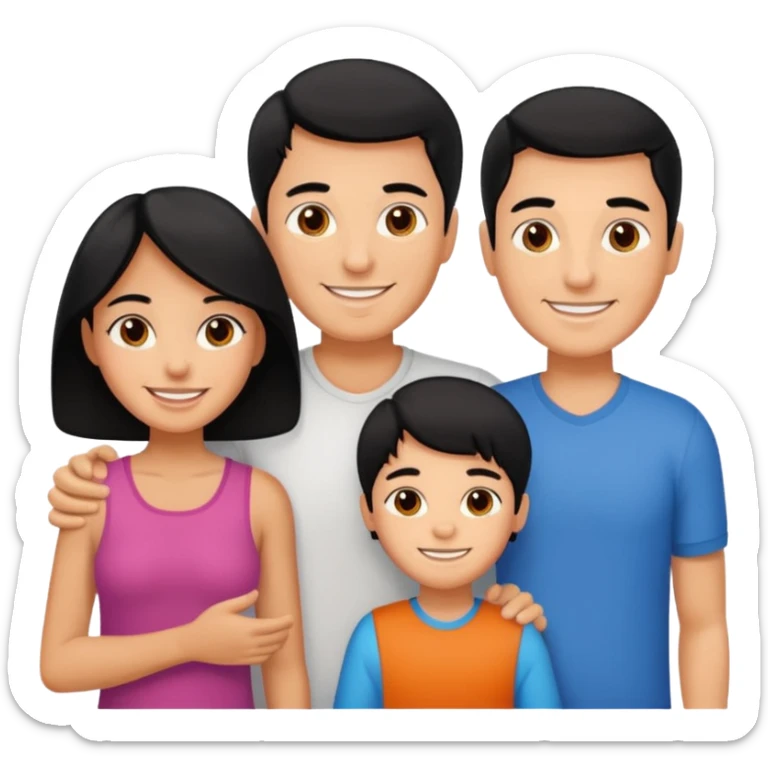 A family of a man, a woman and a boy, tanned, having black hair sticker
