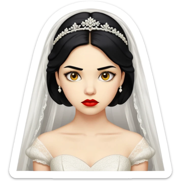 "- Nữ
- 20 tuổi
- Da vàng
- Trang phục cô dâu 
- Mặt nghiêm túc, tóc đen, môi đỏ sticker