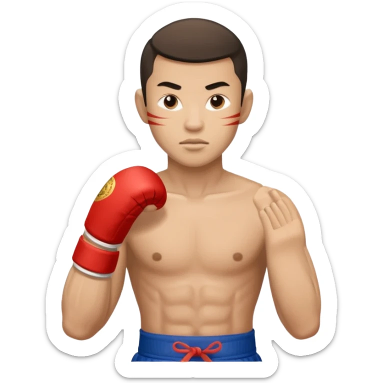 Create a Muay Thai fighter with his guard, like if he was covering himself and with a less serious expresión  sticker