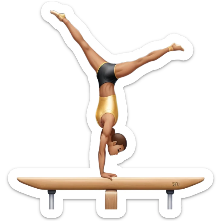 An artistic emoji of a professional sports acrobat performing a stunning balance pose on a narrow beam. The acrobat showcases perfect control, flexibility, and strength, executing an elegant handstand. The background features a bright gymnastics arena with spotlights. sticker