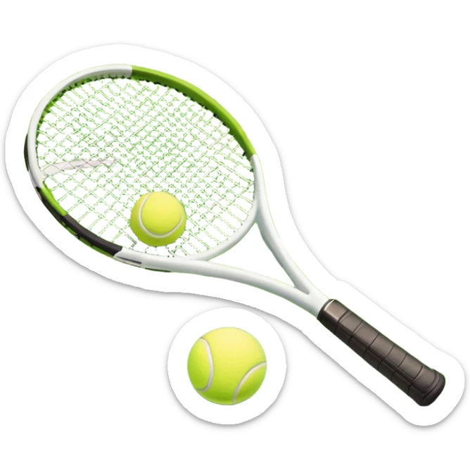 A tennis racket and a ball placed on a grassy court, with the net visible in the background. The scene captures the elegance and energy of the sport, with a vibrant green court and soft sunlight highlighting the equipment. sticker