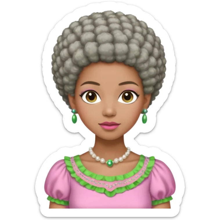 Pretty Brown woman with a very very short stylish gray Afro  wearing pink and green dress  and pearl blouse with sleeves sticker