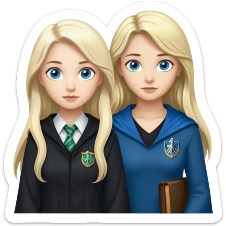 hot Slytherin girl with long blonde hair, blue eyes and big boobs standing with a pretty ravenclaw girl with long dark brown hair and blue eyes sticker