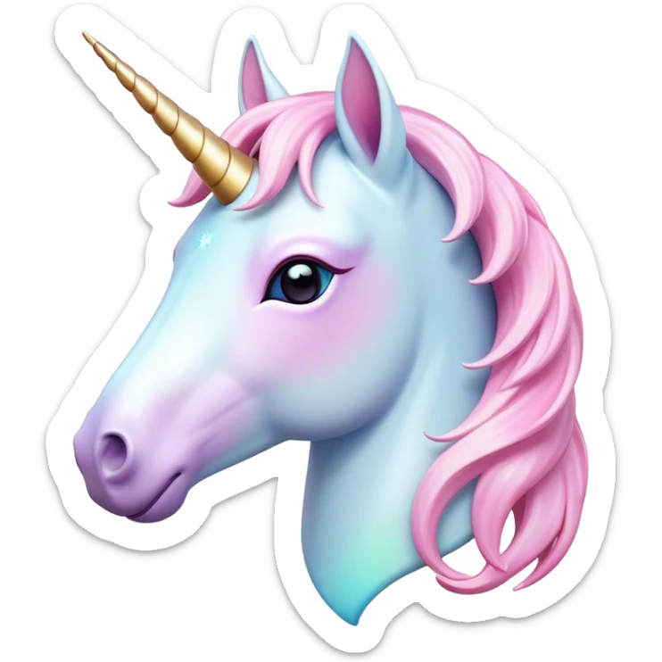Cinematic Noble Unicorn Pony Portrait Emoji, Poised and graceful, with a delicate, miniature equine build adorned with a soft, pastel color, a tiny, shimmering horn and a silky mane that hints at magical charm, Simplified yet sharp and sophisticated features, highly detailed, glowing with a soft, enchanted glow, high shine, intelligent and spirited, stylized with an air of fairy-tale elegance, focused and poised, soft glowing outline, capturing the essence of a watchful and confident unicorn pony that appears ready to trot out of the screen with graceful magic! sticker