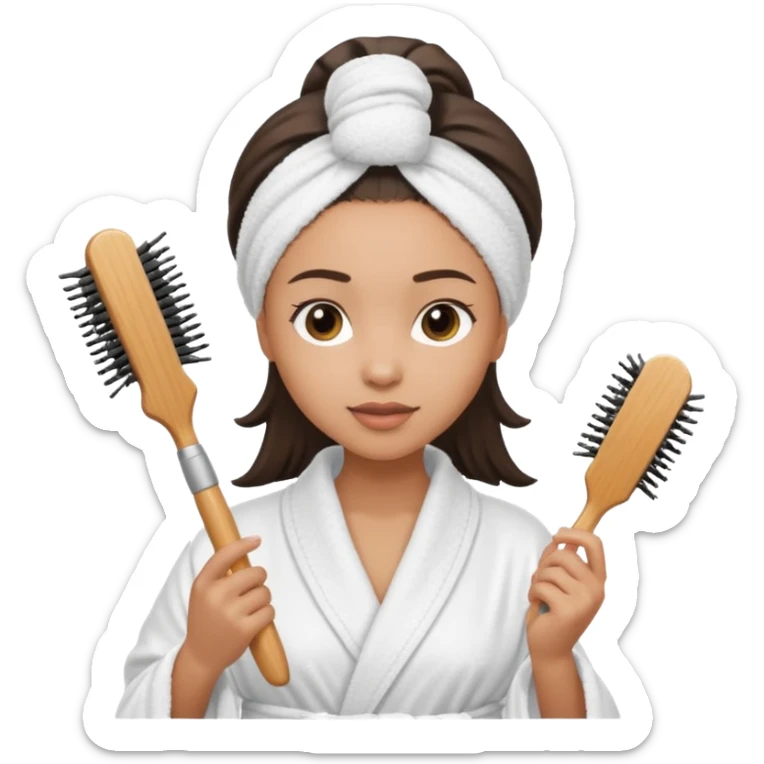 lightskin Women wearing shower robe and their hair with towel holding a brush sticker