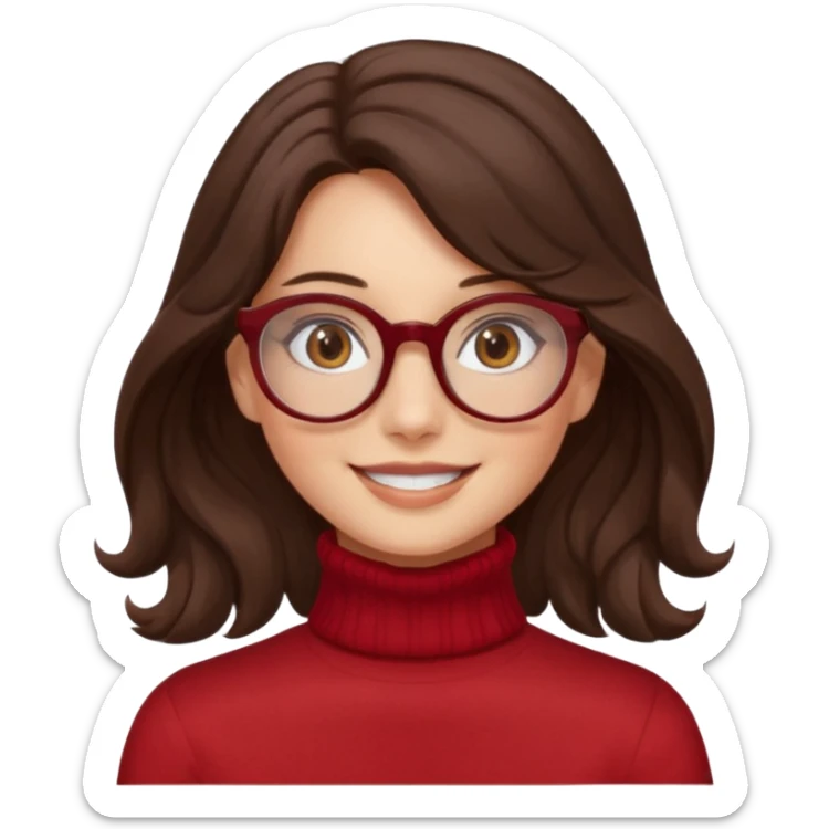 A girl has fair skin wavy dark brown hair, has glasses and almond brown eyes wears red turtle neck has long hair and so pretty sticker
